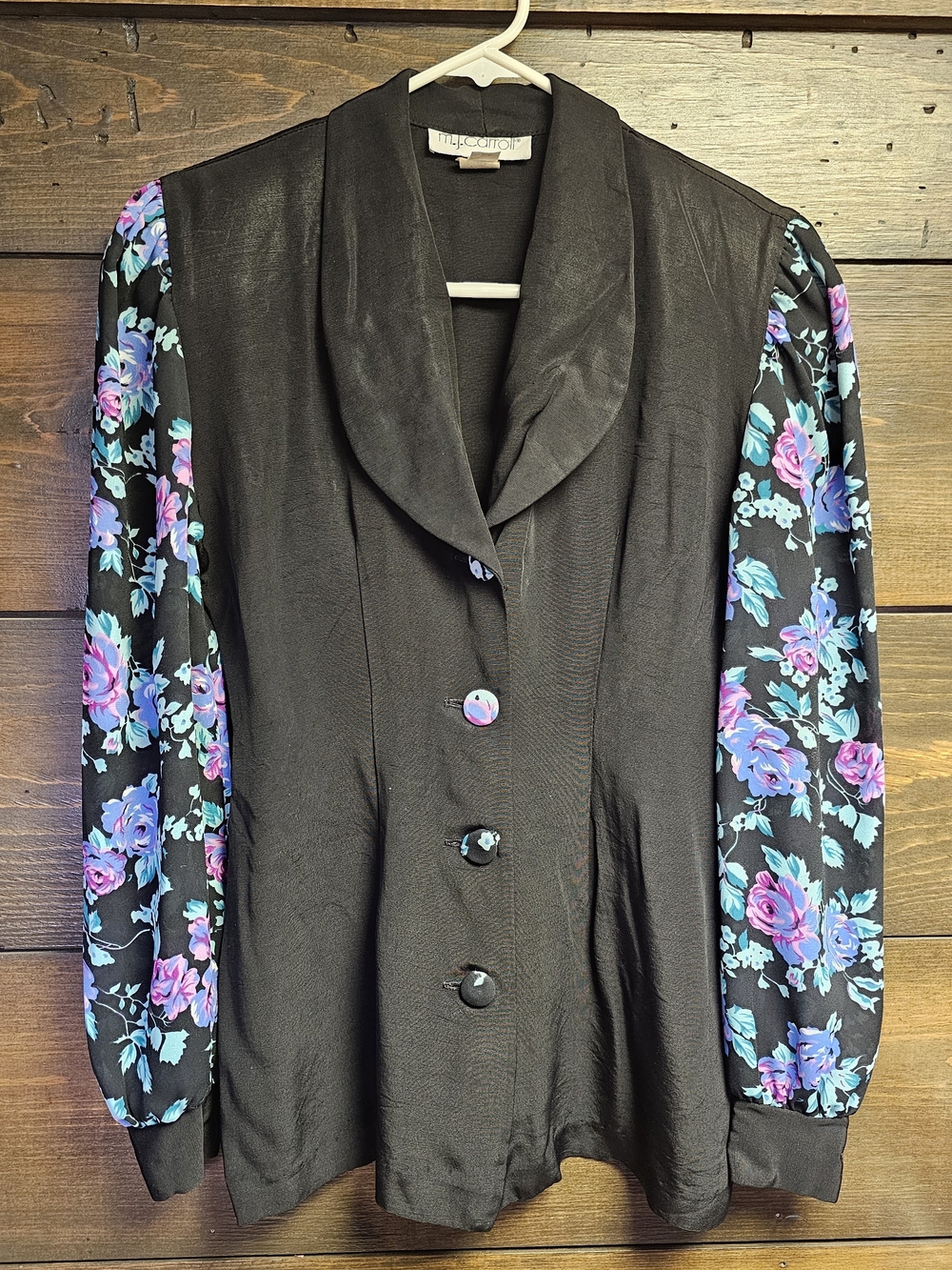 Vintage Black Blazer with Sheer Floral Puff Sleeves Womens SIZE 6